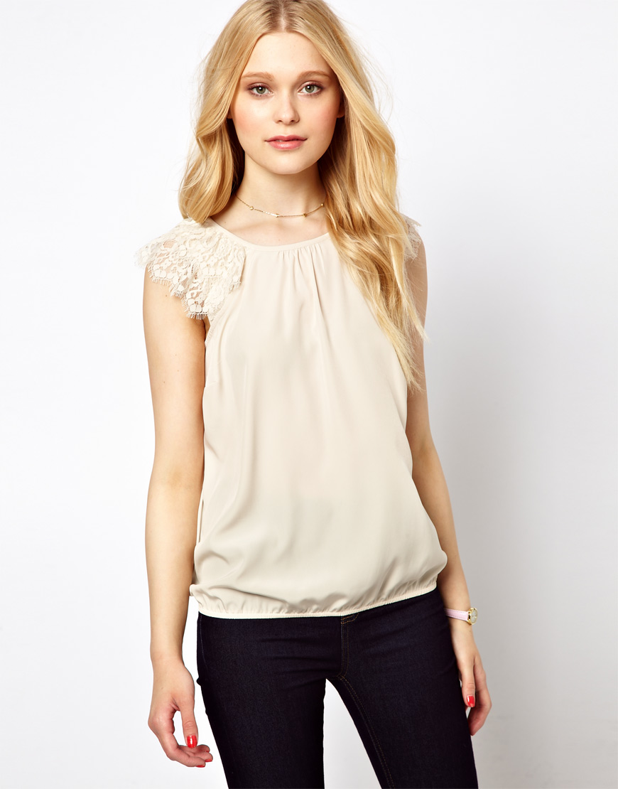 Lyst - River Island Bubble Hem Lace Shoulder Top in Natural
