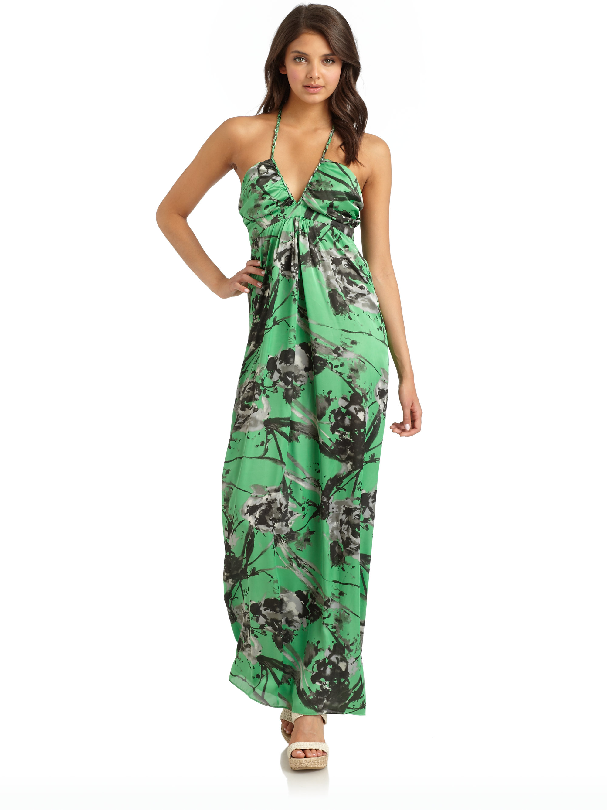 Lyst T Bags Braided Halter Print Maxi Dress In Green Gallery