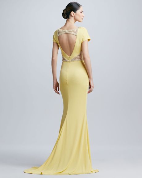 Badgley Mischka Cowl Neck Lace Trim Gown in Yellow (BUTTERCUP) | Lyst