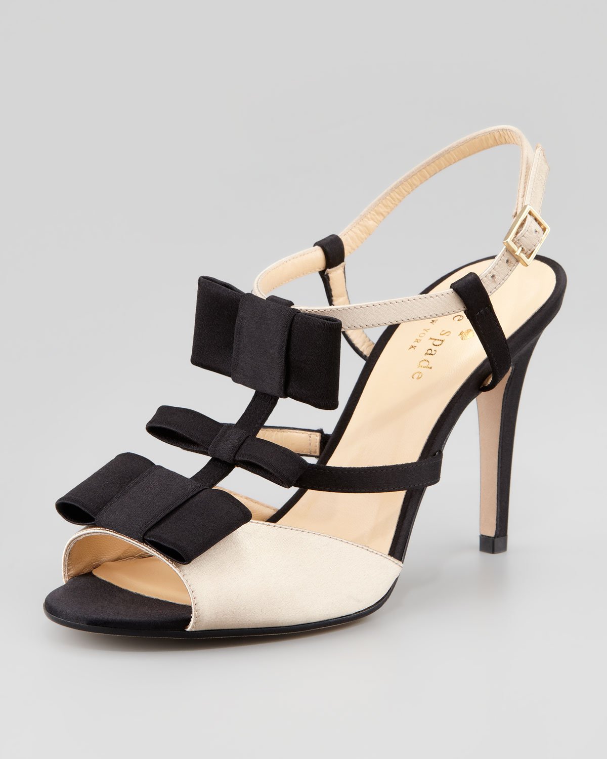 Kate Spade Bicolor Satin Tstrap Bow Sandal in Black (CHAMPAGNE/BLACK ...