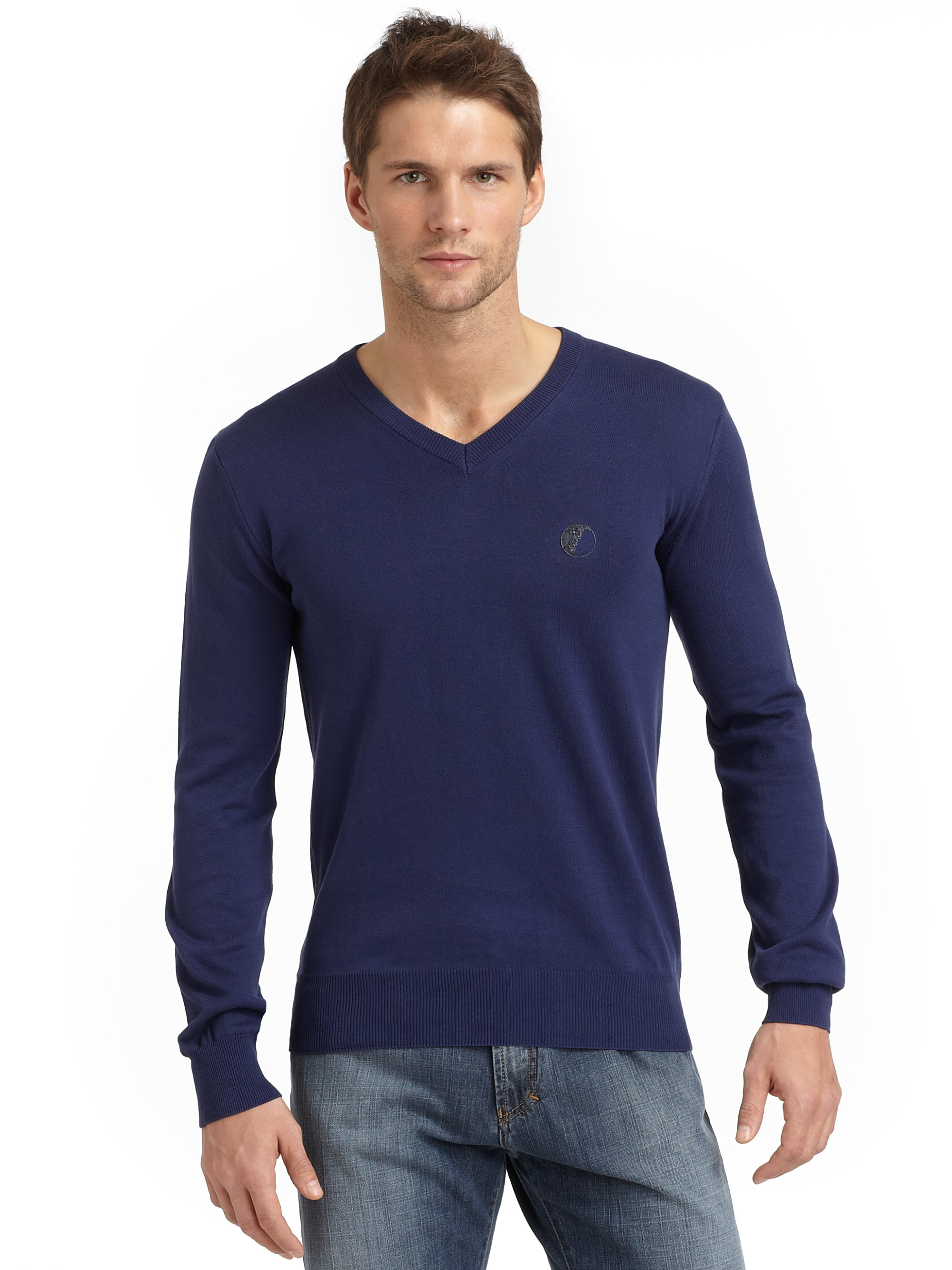 Versace Cotton Vneck Sweater in Blue for Men | Lyst