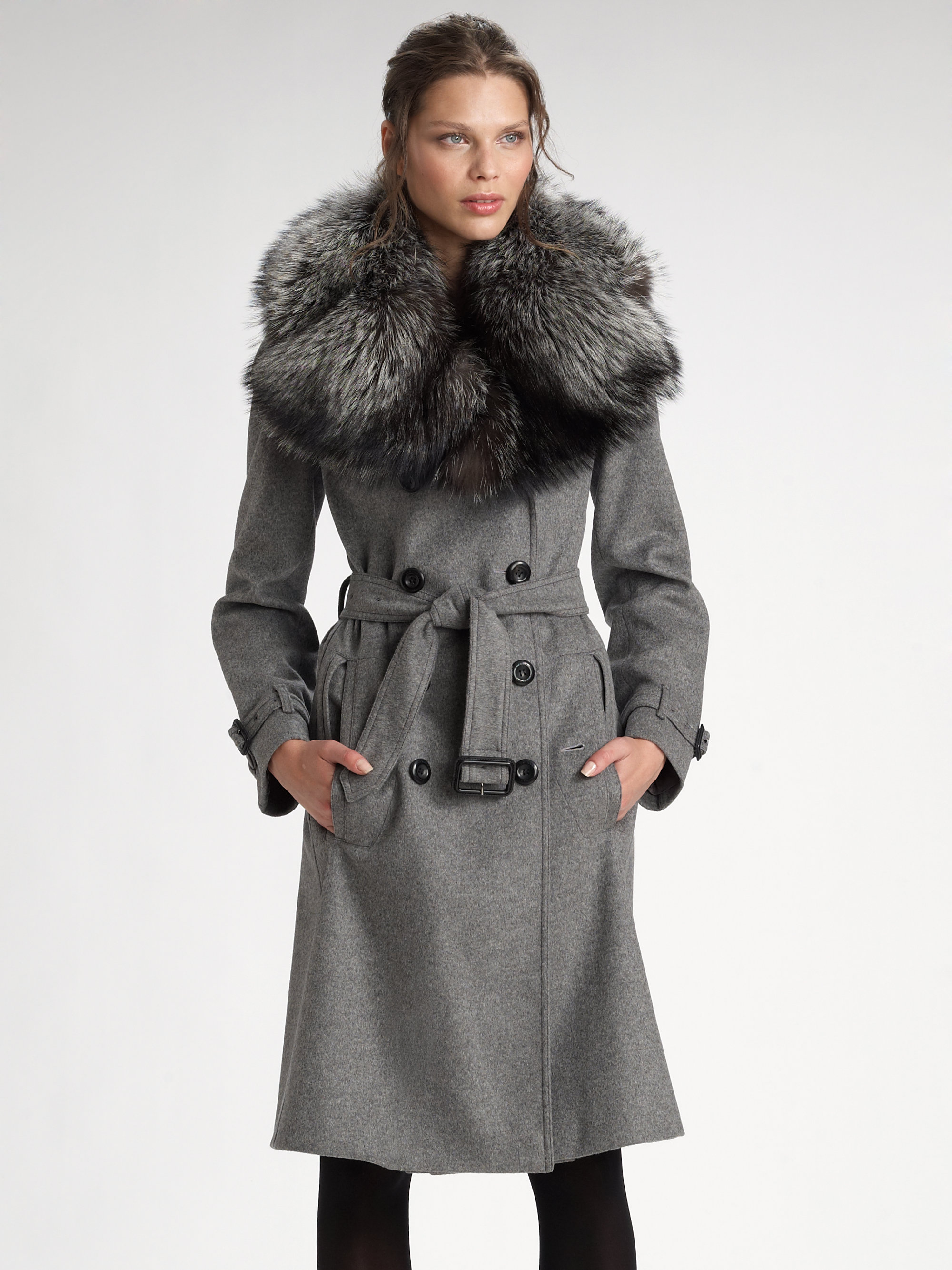 Burberry Fur Collar Trenchcoat in Gray | Lyst