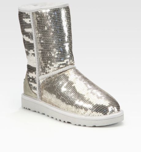 Ugg Classic Short Suede Sequin Boots in Silver | Lyst