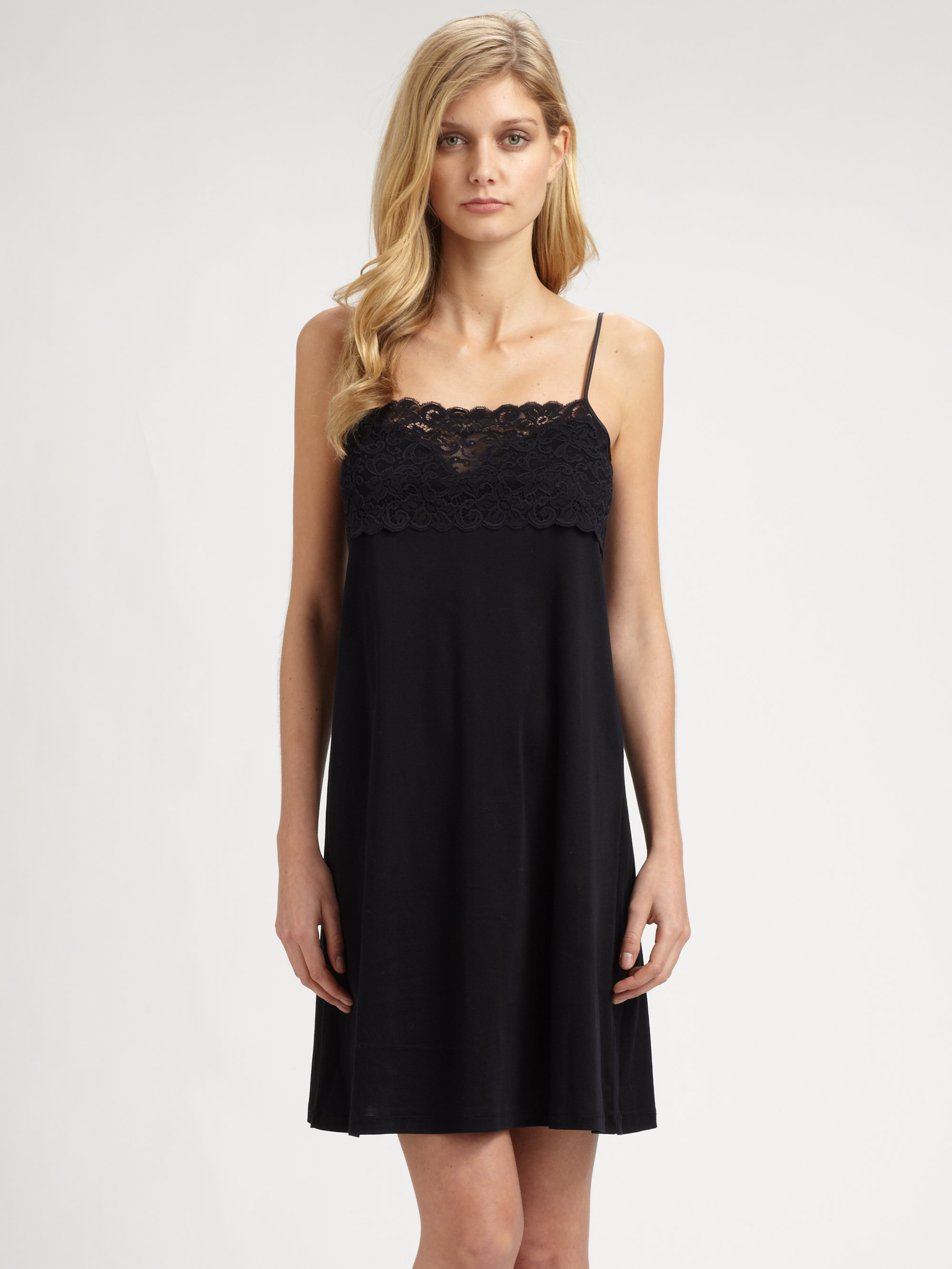 Hanro Moments Lace Cotton Chemise In Black Lyst