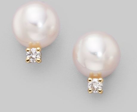 pearl 18k cultured mikimoto 6mm earrings diamond yellow gold
