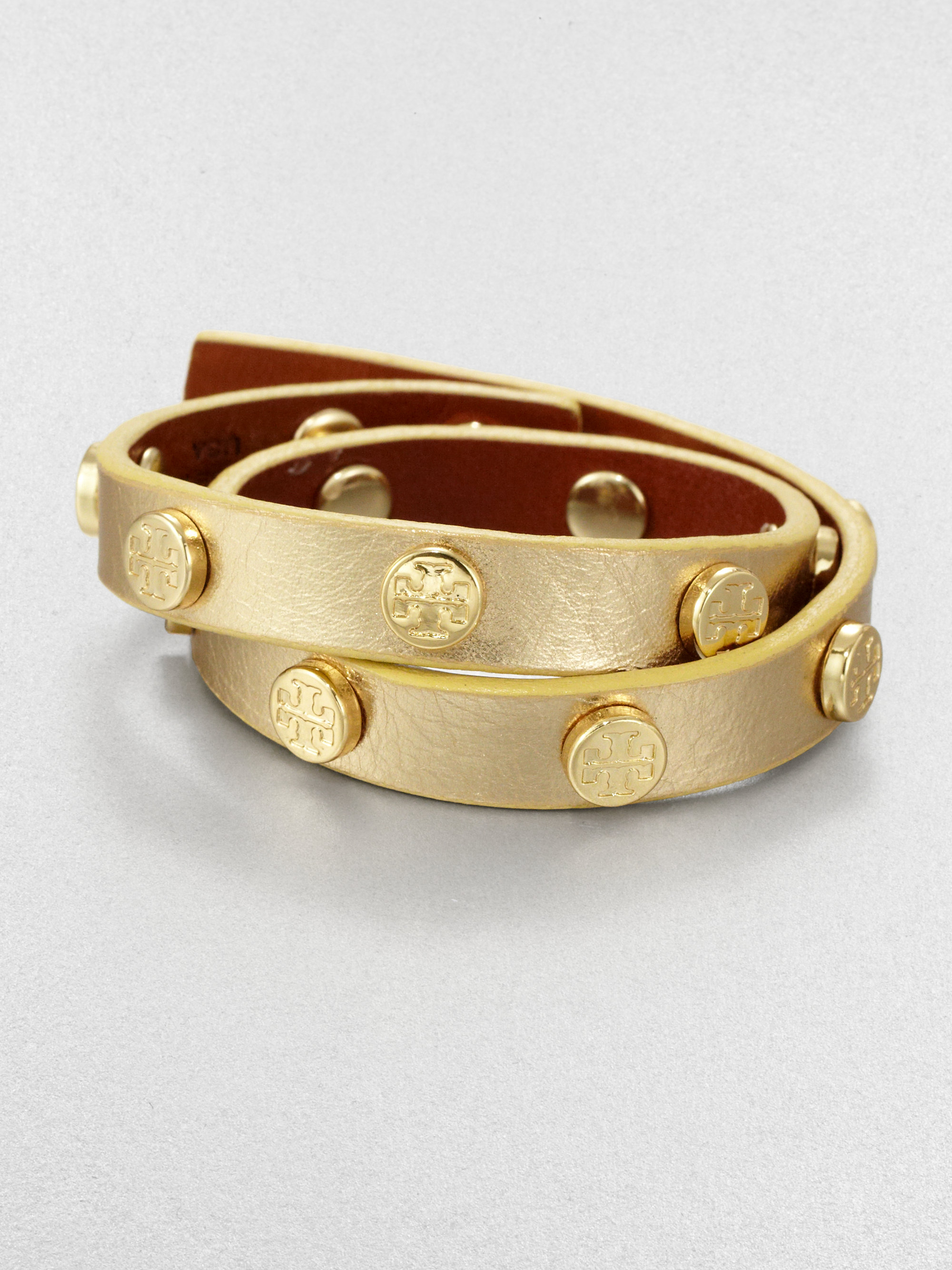 Lyst Tory Burch Logo Studded Metallic Leather Double Wrap Bracelet Gallery