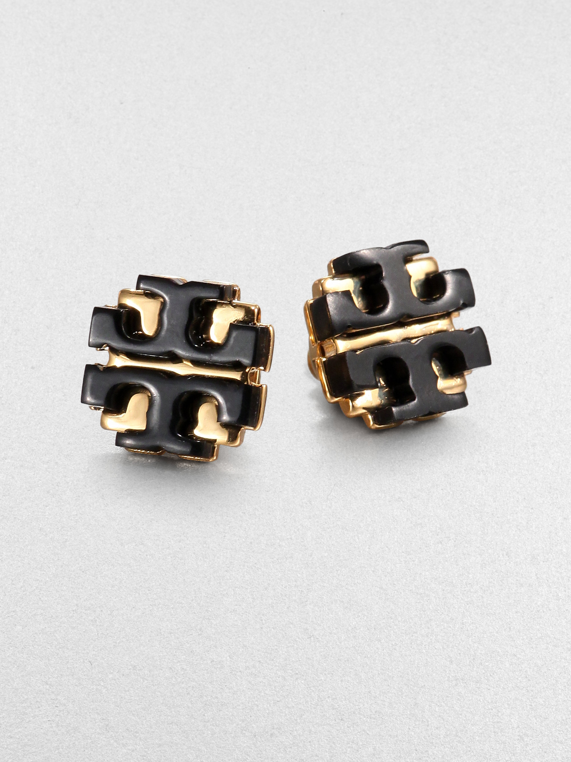 Lyst Tory Burch Enamel Large Logo Stud Earrings In Black Gallery