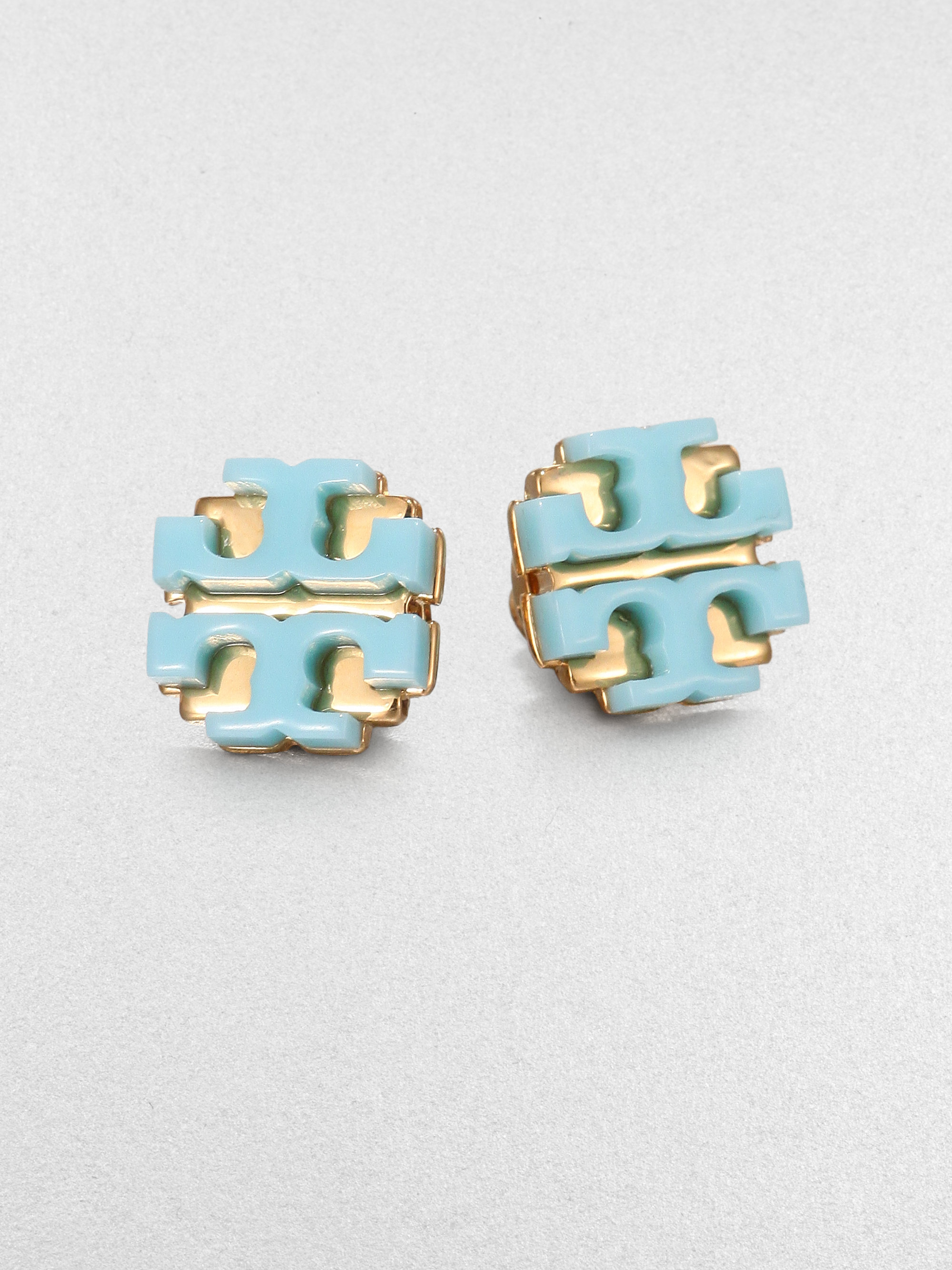 Lyst Tory Burch Enamel Large Logo Stud Earrings In Blue Gallery