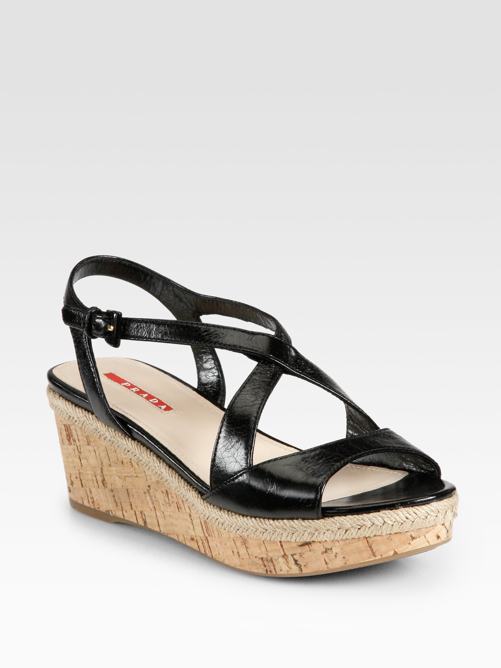 Prada Leather Cork Wedge Sandals in Black | Lyst