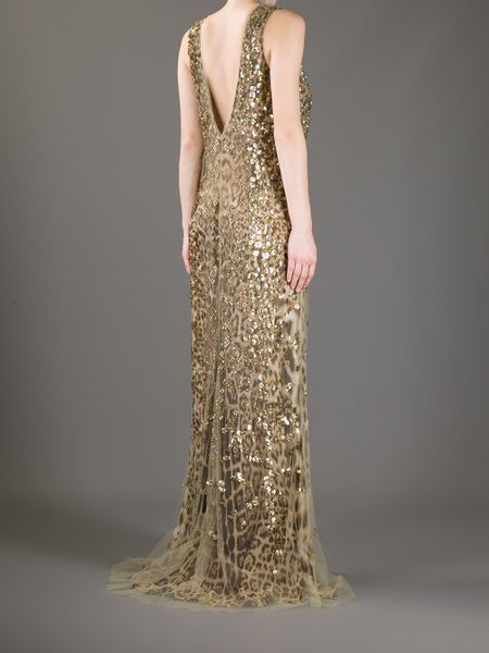Roberto Cavalli Silk Sequined Evening Dress in Gold | Lyst