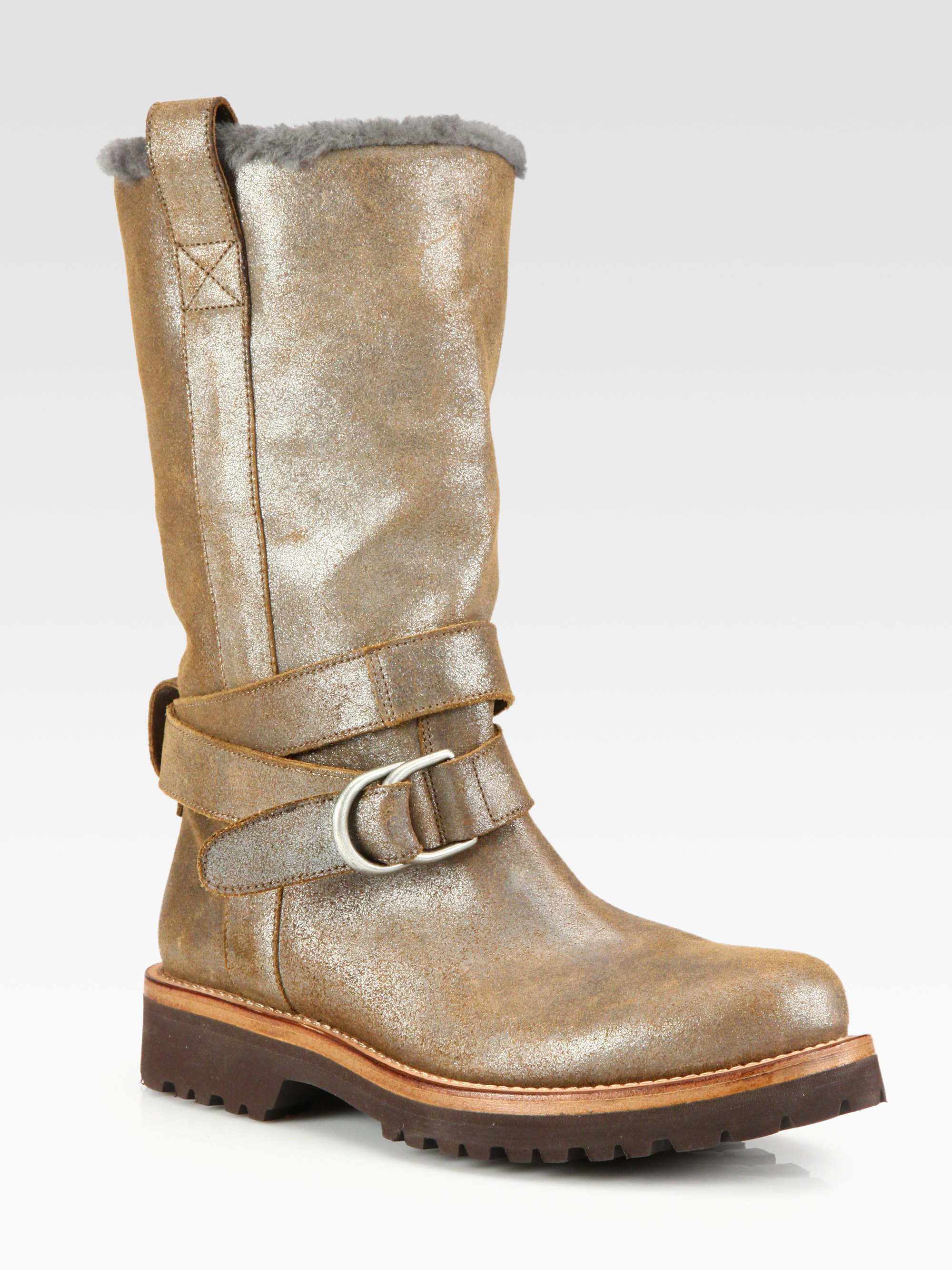 Lyst - Brunello Cucinelli Glittercoated Leather and Shearling Boots in ...