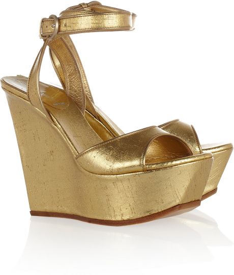 Casadei Metallic Wedge Sandals in Gold | Lyst