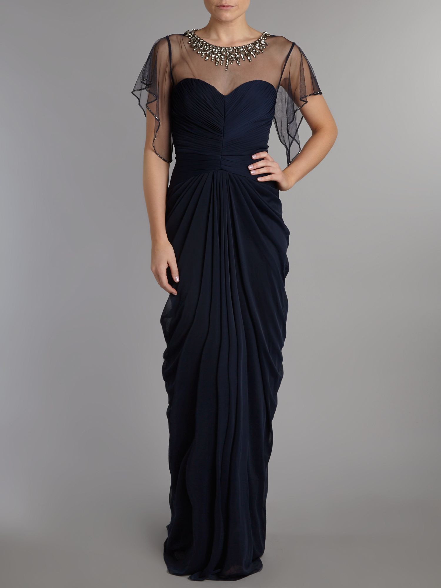 Adrianna papell Short Sleeve Embellished Neck Dress in Blue (navy) | Lyst