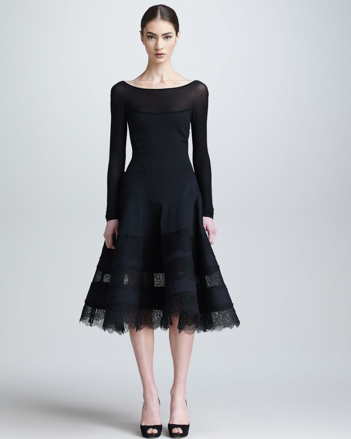 Donna karan Lace Jersey Longsleeve Dress in Black | Lyst