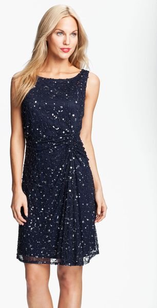 Pisarro Nights Sequin & Bead Gathered Mesh Dress in Blue (slate) | Lyst