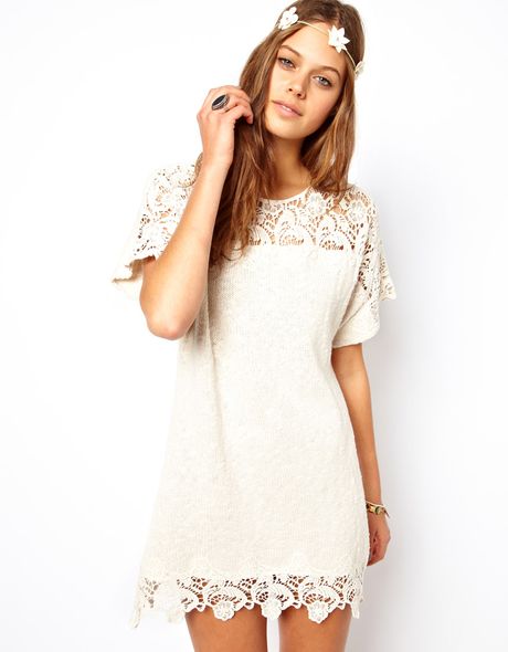 Asos Crochet Lace Detail Tunic in White (cream) | Lyst