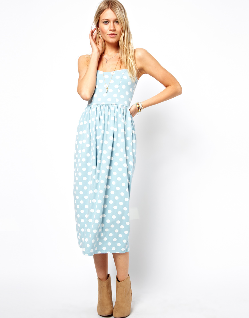 Asos Midi Bandeau Sundress in Spot Print in Blue | Lyst