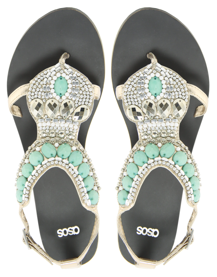 Asos Felicity Embellished Flat Sandals in Green | Lyst
