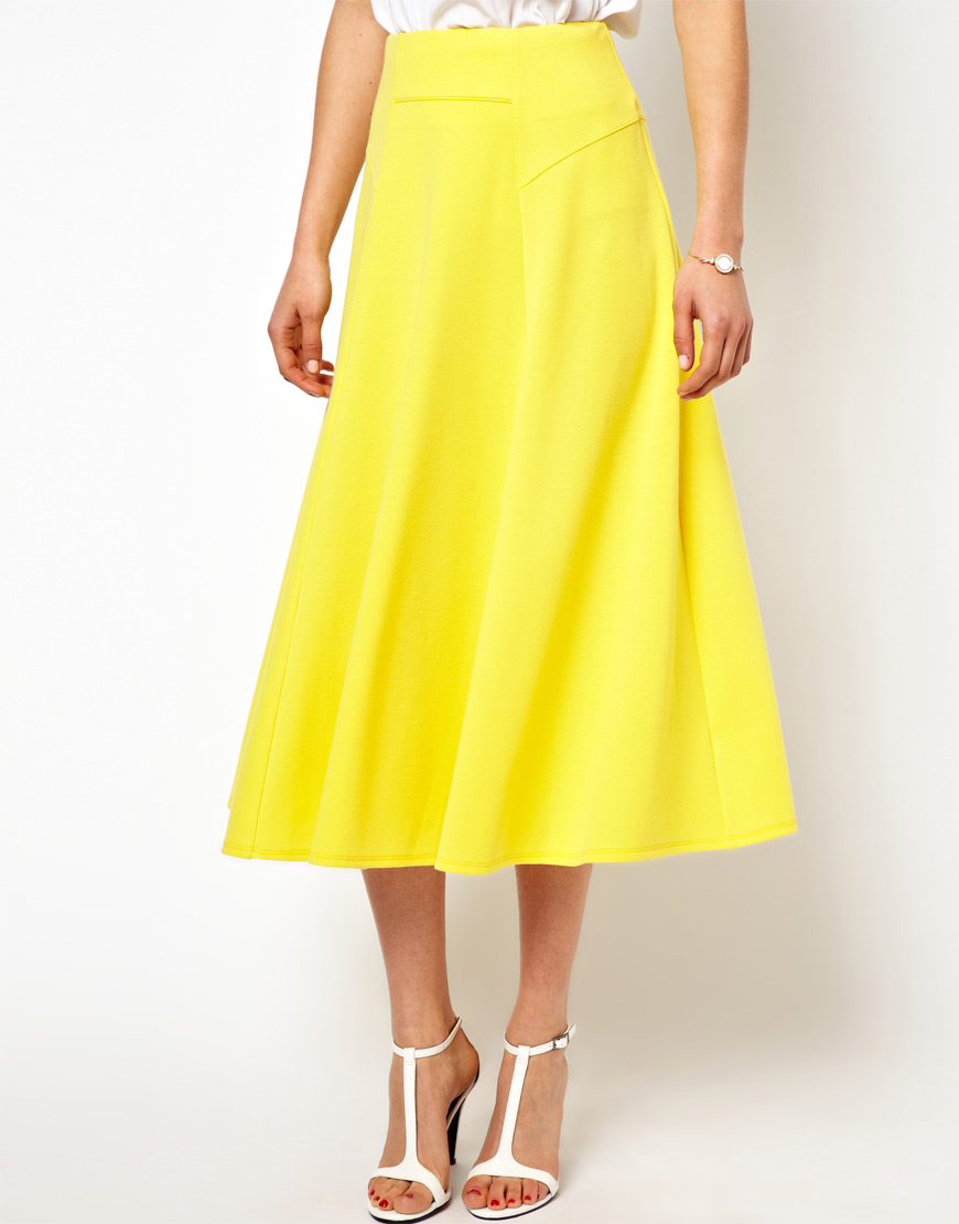 Lyst - Asos Midi Skirt with Stitch Waist Detail in Yellow