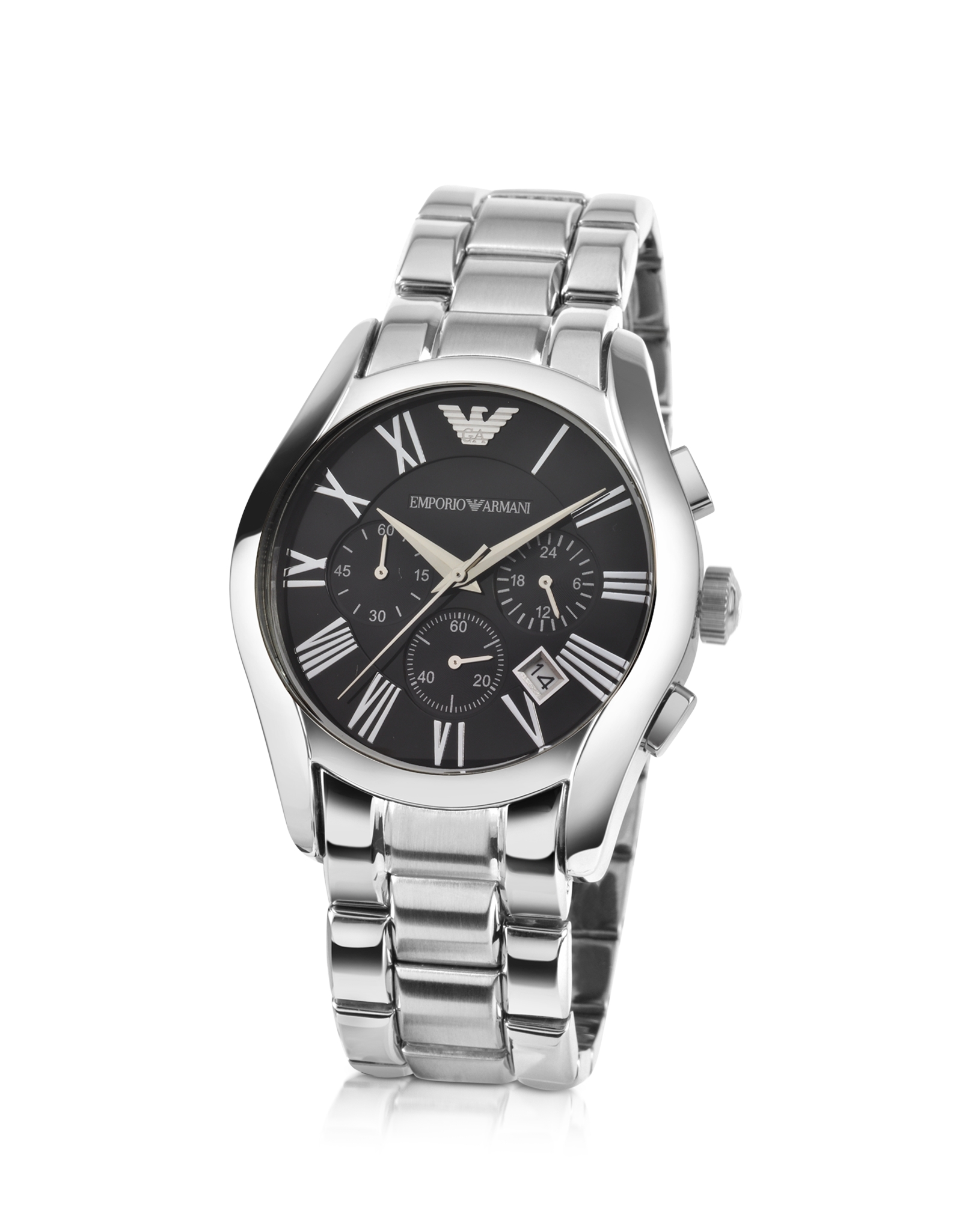 Emporio Armani Mens Black Dial Stainless Steel Chrono Watch in Silver ...