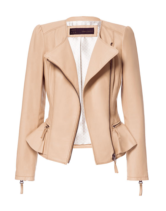 Zara Leather Jacket With Ruffle Detail In Natural Lyst Gallery