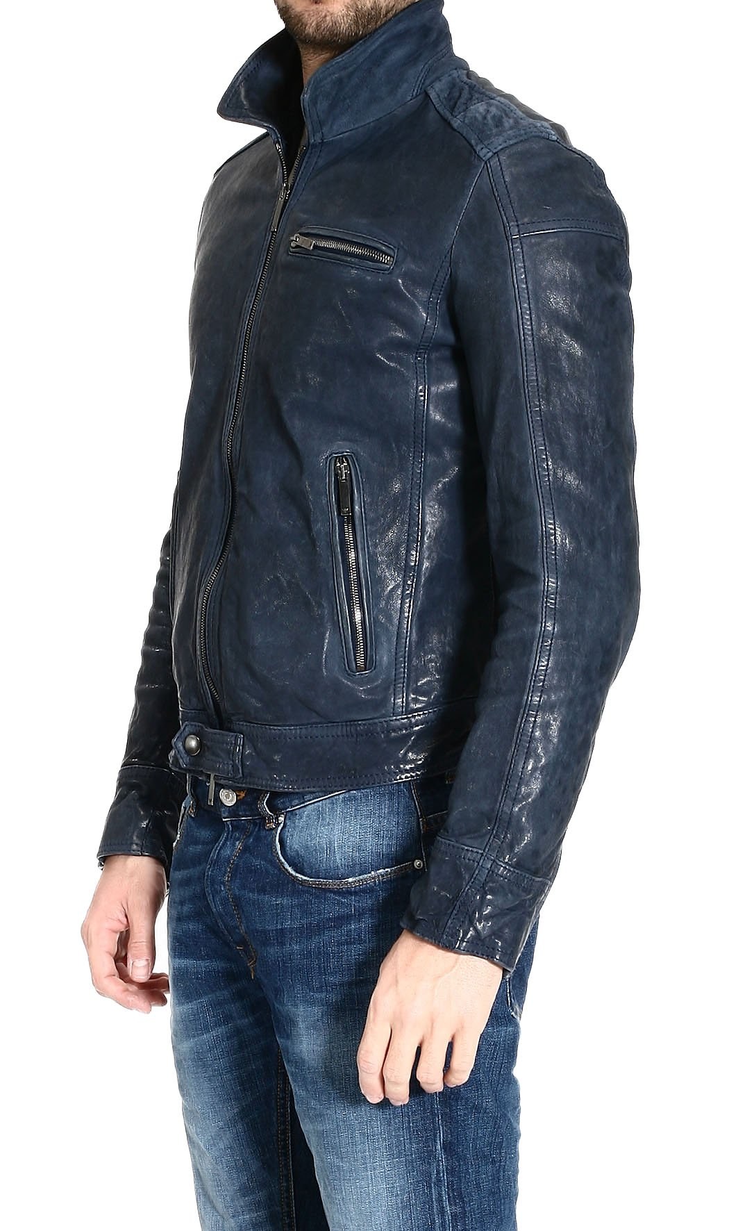 Giorgio Armani Jacket Biker Leather Jacket in Blue for Men - Lyst