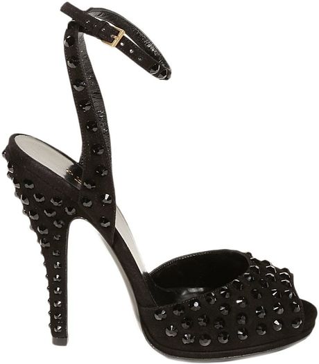 Gucci Yulia 91 Heel Open Toe Suede and Rhinestones Shoe in Black | Lyst