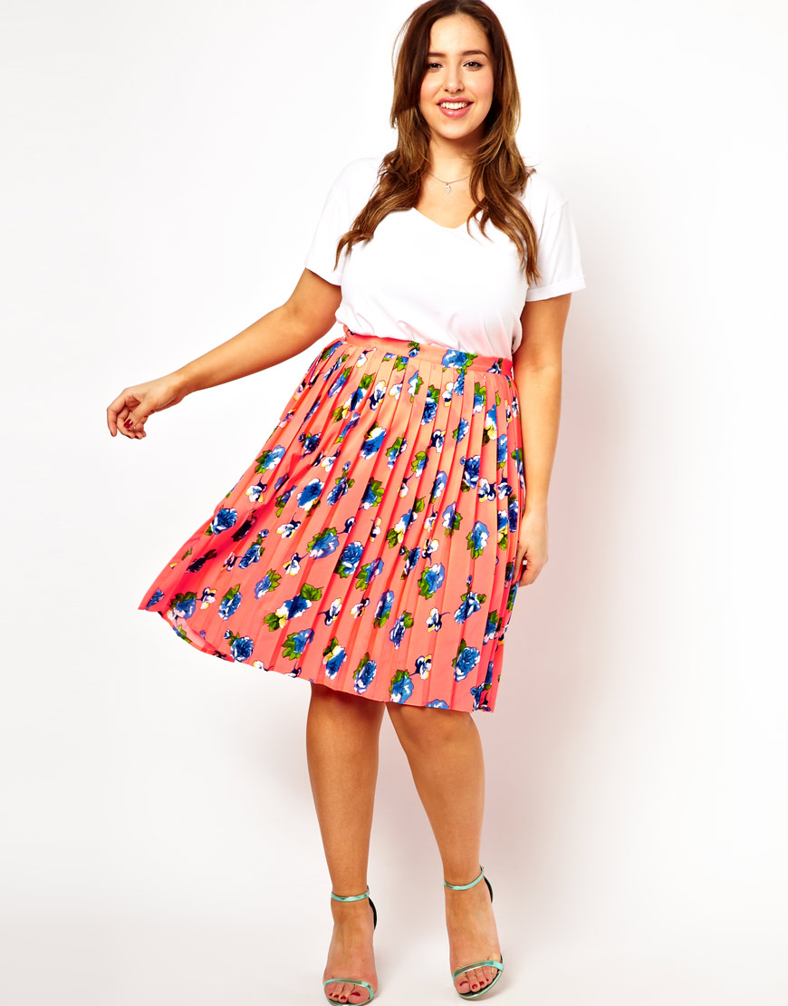 Asos Curve Midi Skirt in Pleated Floral Print in Pink | Lyst