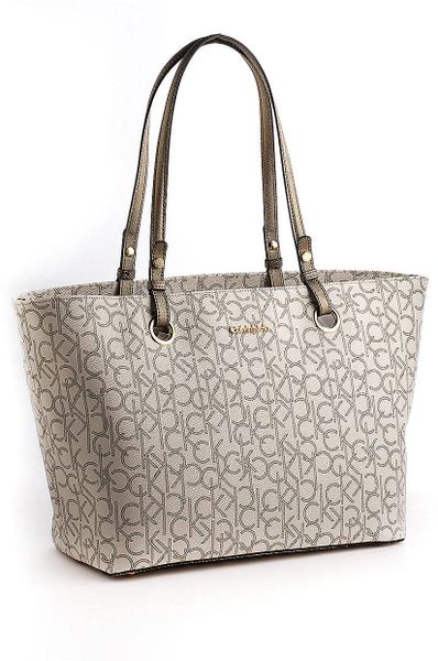 Calvin Klein Monogram Leather Tote Bag in Beige (almond/khaki/antique ...