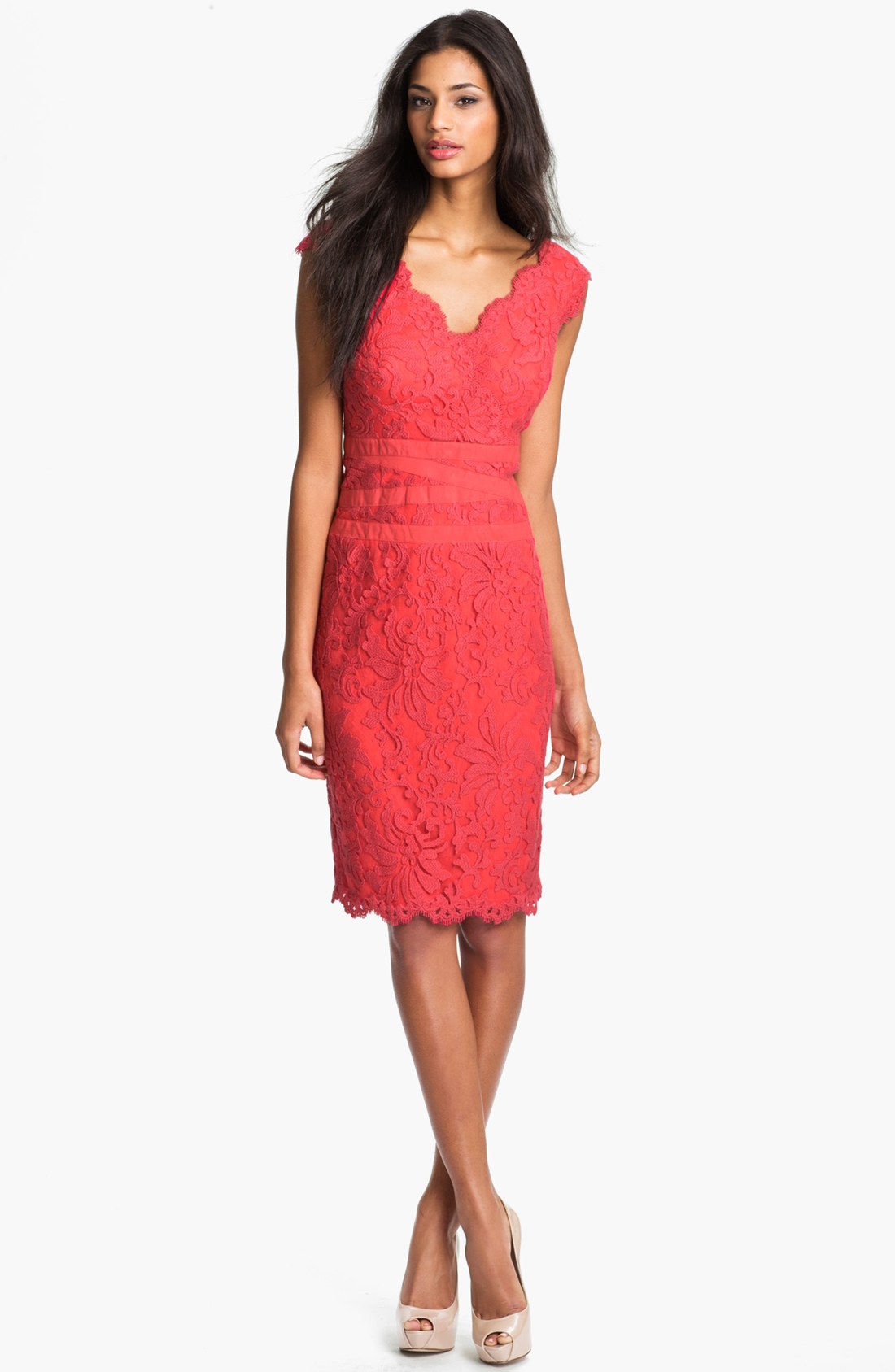 Tadashi Shoji Embroidered Lace Sheath Dress in Red (Cantaloupe) | Lyst