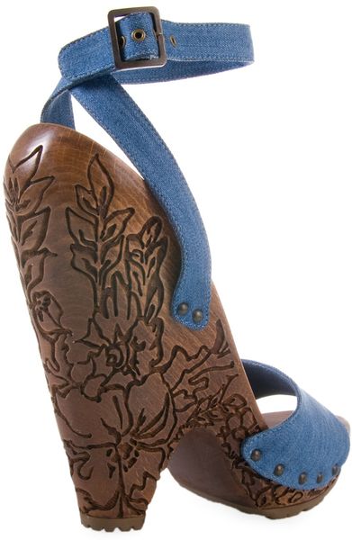 Stella Mccartney Denim Sandal with Carved Wooden Heel in Blue | Lyst
