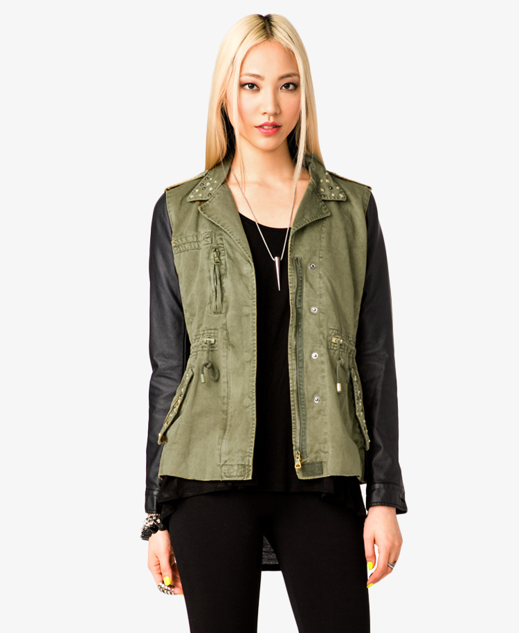 Lyst Forever 21 Faux Leather Sleeve Utility Jacket In Green Gallery