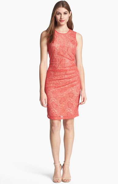 Vince Camuto Sleeveless Lace Sheath Dress in Pink | Lyst