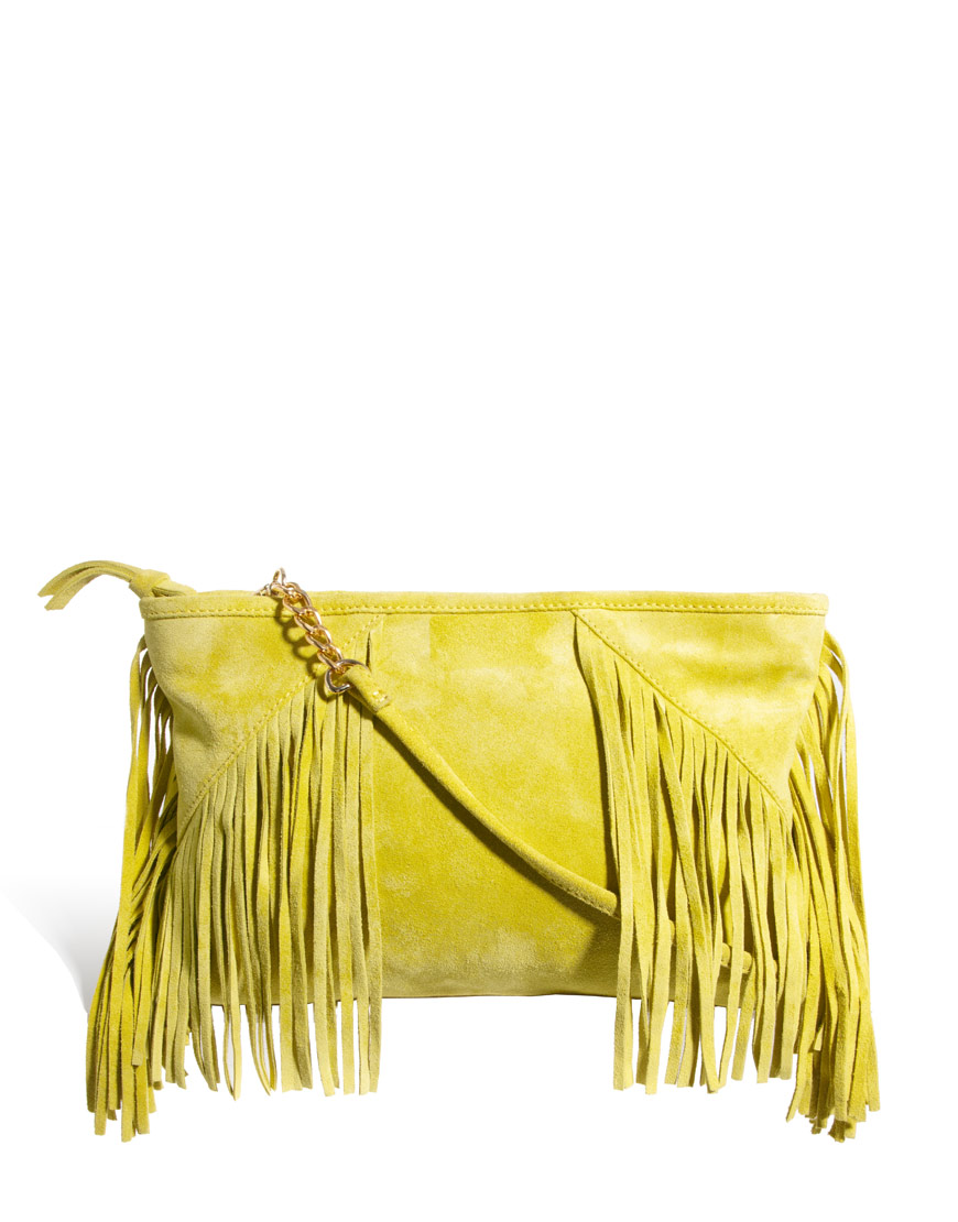 Lyst Asos Leather Clutch Bag with Tassels in Yellow