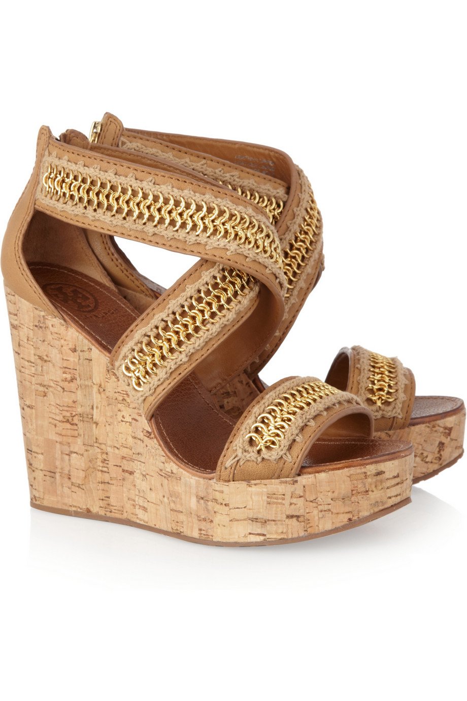 Lyst Tory Burch Lucian Leather And Cork Wedge Sandals In Brown