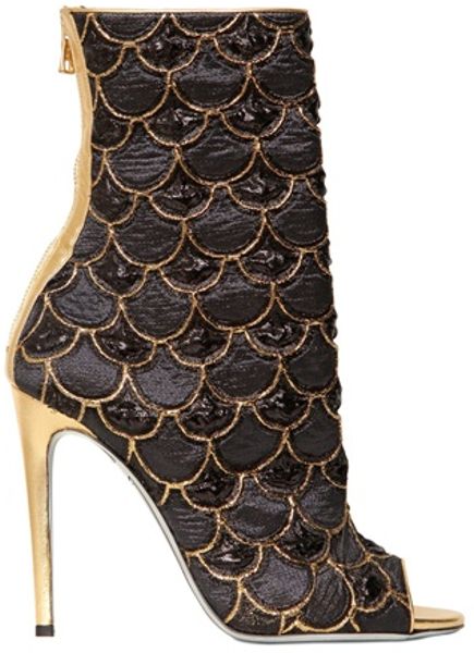 Balmain 110mm Lurex Embroidered Peep Toe Boots in Black (black/gold) | Lyst