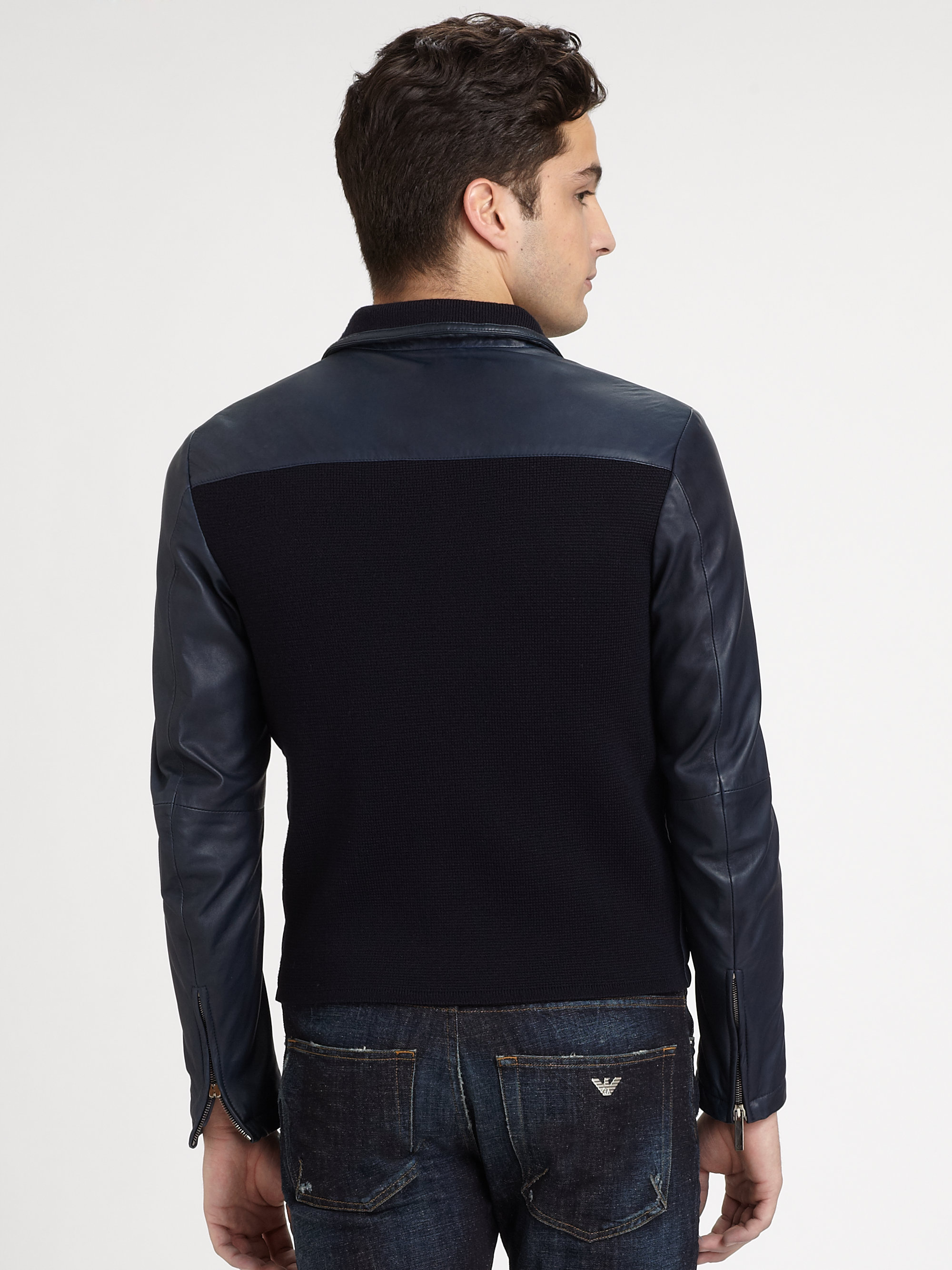 Emporio Armani Leather Jacket In Blue For Men Lyst Gallery