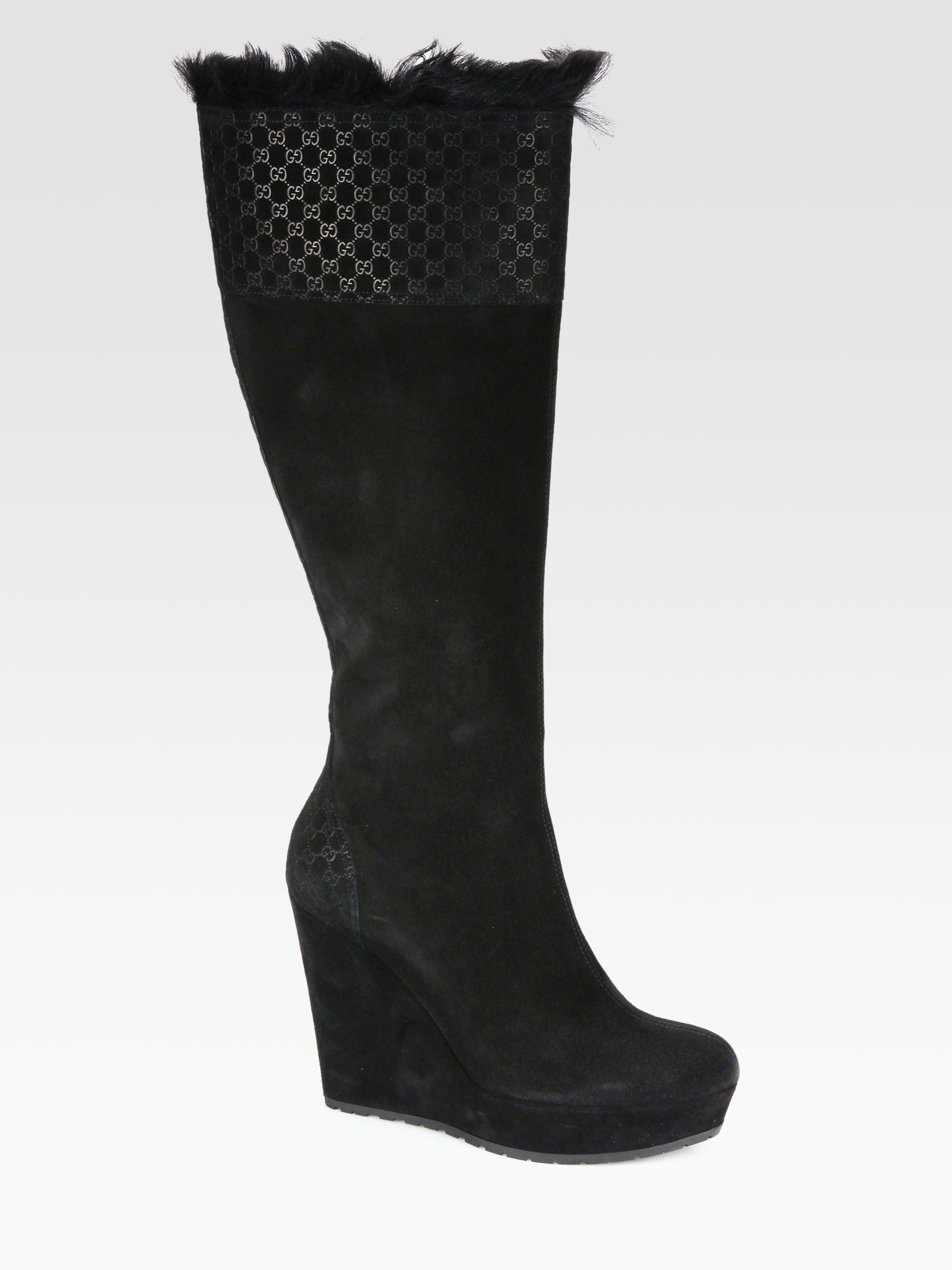 Lyst Gucci Gg Suede Furlined Wedge Boots in Black