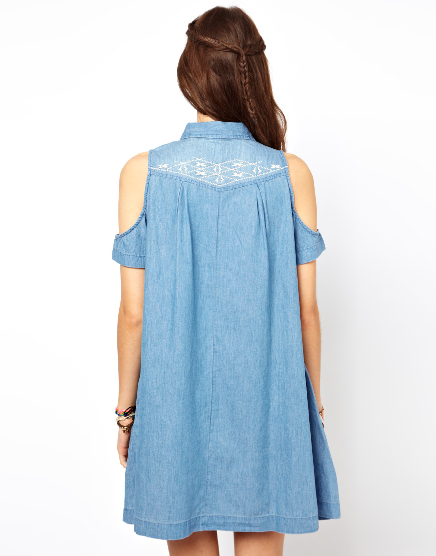 ASOS Embroidered Denim Dress with Cold Shoulder Detail in Blue Lyst