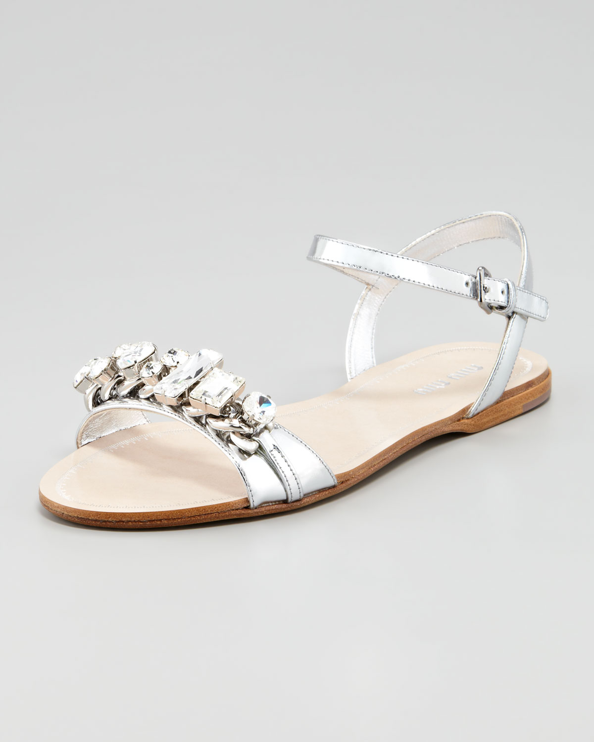 Lyst - Miu Miu Crystal Strap Flat Sandals in Metallic