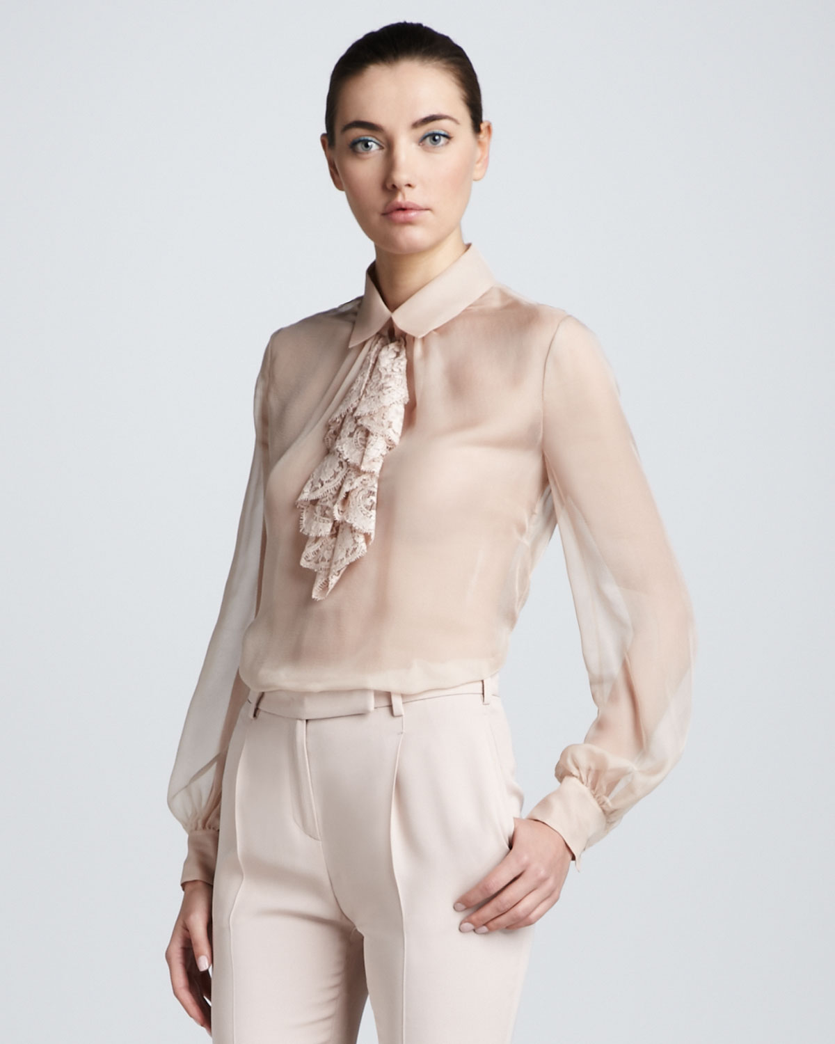 Valentino | Beige Lace Voulant Chiffon Blouse | Lyst