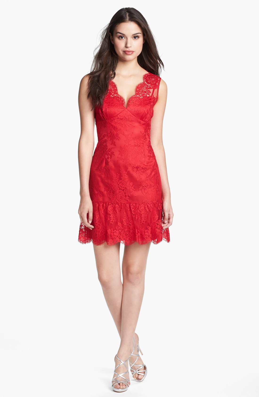 Adrianna Papell Chantilly Lace Dress in Red | Lyst