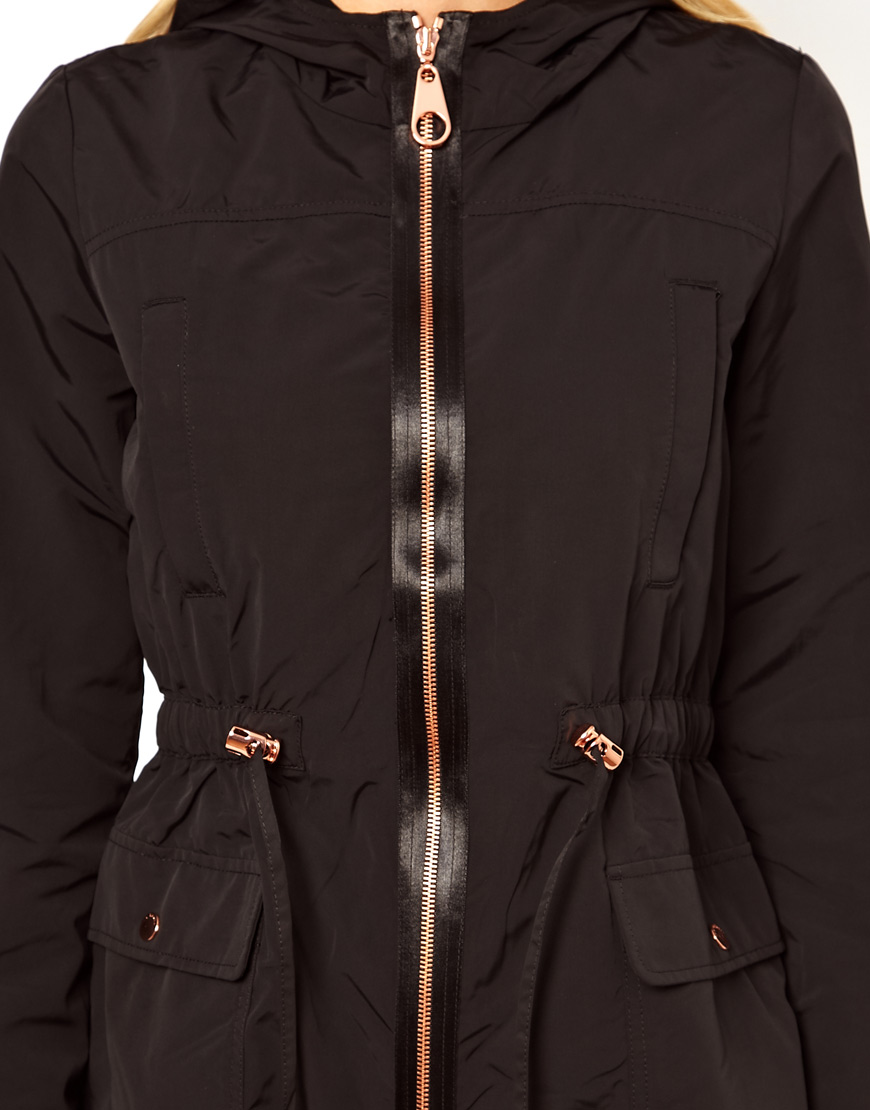 Lyst Ted Baker Hooded Coat With Rose Gold Zip Details In Black