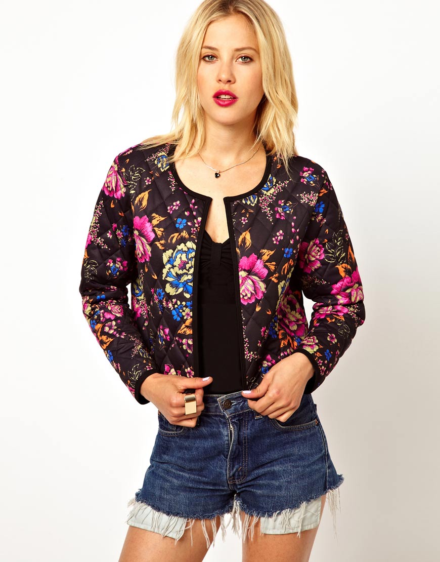 ASOS Quilted Jacket with Floral Print in Black - Lyst