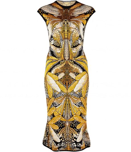 Alexander Mcqueen Gold Dragonfly Jacquard Woolblend Dress in Gold | Lyst