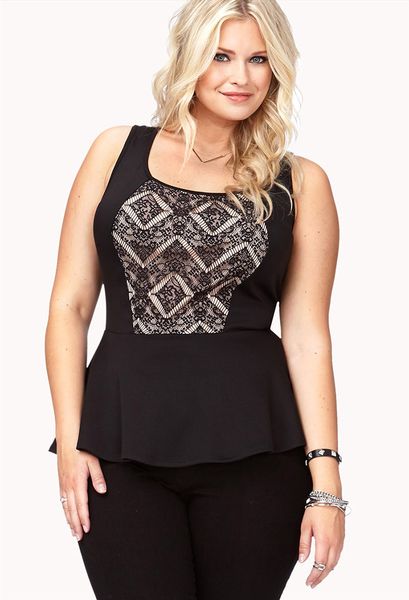 Forever 21 Lace Peplum Top in Black (black/taupe) | Lyst