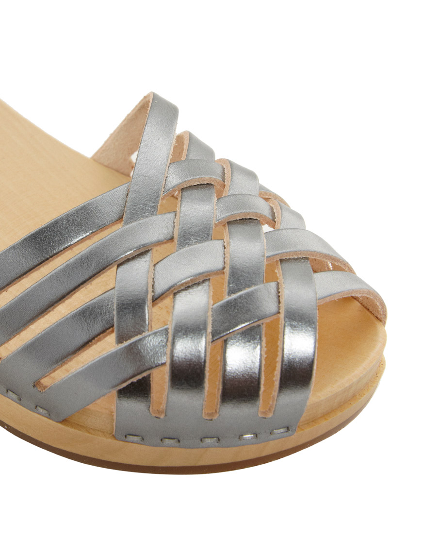 Lyst - Swedish hasbeens Braided Silver Low Wedge Sandals in Metallic