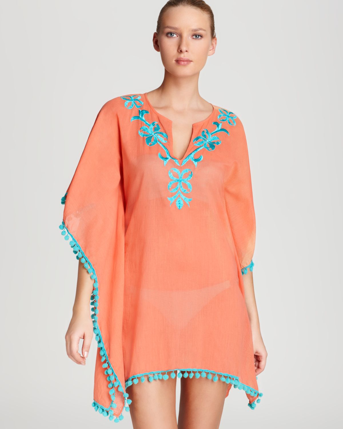 Lyst - Ondademar Swimsuit Cover Up Embroidered Pom Pom Tunic in Orange