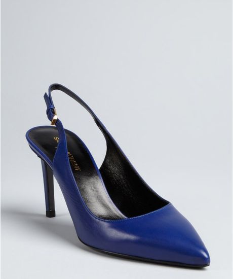 Saint Laurent Navy Leather Point Toe Slingback Pumps in Blue (navy) | Lyst