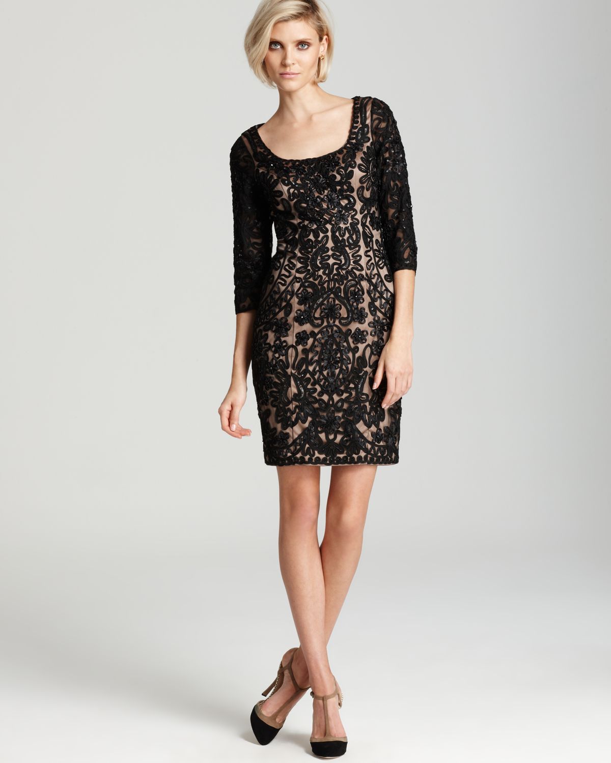 Sue wong Lace Dress Three Quarter Sleeve Scoop Neck in Black | Lyst